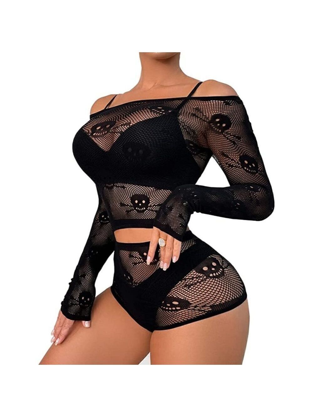 Fishnet chemise bodysuit dress lingerie set long sleeve sexy 2pc SKULLS HOT NWT